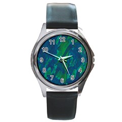 Green And Blue Design Round Metal Watch by Valentinaart