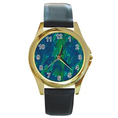 Green And Blue Design Round Gold Metal Watch by Valentinaart