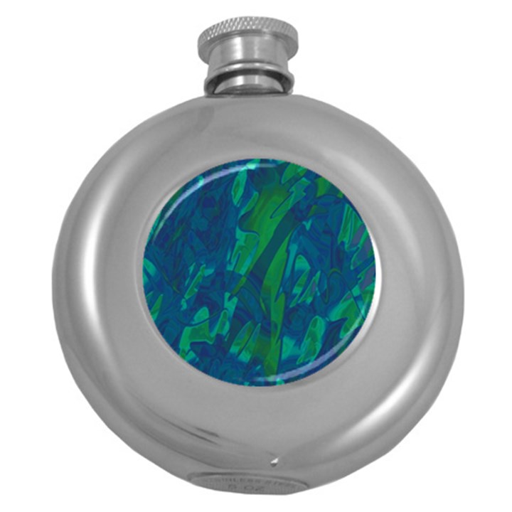 Green and blue design Round Hip Flask (5 oz)