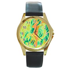 Green And Orange Abstraction Round Gold Metal Watch by Valentinaart