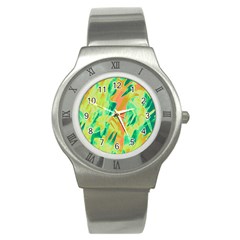 Green And Orange Abstraction Stainless Steel Watch by Valentinaart