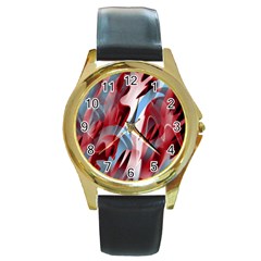 Blue And Red Smoke Round Gold Metal Watch by Valentinaart