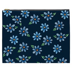 Retro Blue Daisy Flowers Pattern Cosmetic Bag (xxxl)  by BubbSnugg