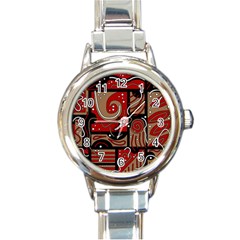 Red And Brown Abstraction Round Italian Charm Watch by Valentinaart