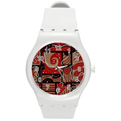 Red And Brown Abstraction Round Plastic Sport Watch (m) by Valentinaart