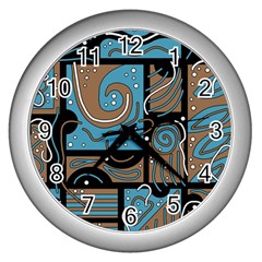 Blue And Brown Abstraction Wall Clocks (silver)  by Valentinaart