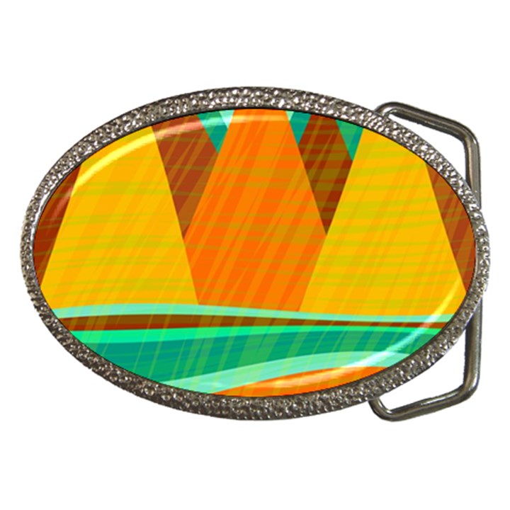 Orange and green landscape Belt Buckles