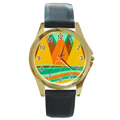 Orange And Green Landscape Round Gold Metal Watch by Valentinaart