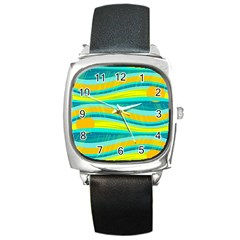 Yellow And Blue Decorative Design Square Metal Watch by Valentinaart