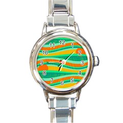 Green And Orange Decorative Design Round Italian Charm Watch by Valentinaart