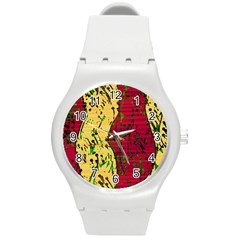 Maroon And Ocher Abstract Art Round Plastic Sport Watch (m) by Valentinaart