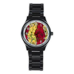 Maroon And Ocher Abstract Art Stainless Steel Round Watch by Valentinaart