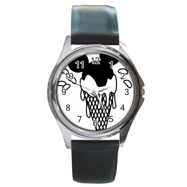 Blackandwhite Mickey Icecream Round Metal Watch