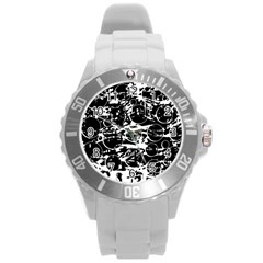 Black And White Confusion Round Plastic Sport Watch (l) by Valentinaart