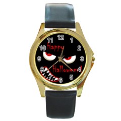 Happy Halloween - Red Eyes Monster Round Gold Metal Watch by Valentinaart