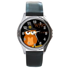 Halloween witch - orange owl Round Metal Watch