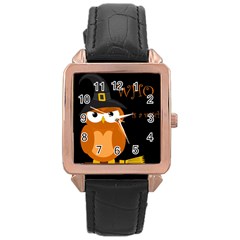 Halloween Witch - Orange Owl Rose Gold Leather Watch  by Valentinaart