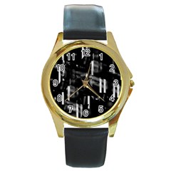 Black And White Neon City Round Gold Metal Watch by Valentinaart