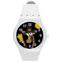 Halloween giraffe witch Round Plastic Sport Watch (M)