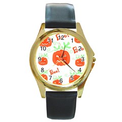 Halloween Pumpkins Pattern Round Gold Metal Watch by Valentinaart