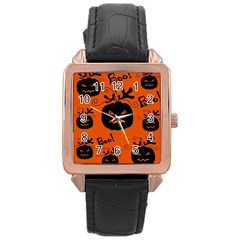 Halloween Black Pumpkins Pattern Rose Gold Leather Watch 