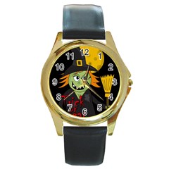 Halloween Witch Round Gold Metal Watch by Valentinaart