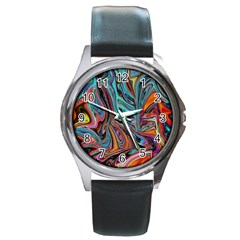 Brilliant Abstract In Blue, Orange, Purple, And Lime-green  Round Metal Watch by digitaldivadesigns