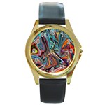 Brilliant Abstract in Blue, Orange, Purple, and Lime-Green  Round Gold Metal Watch Front