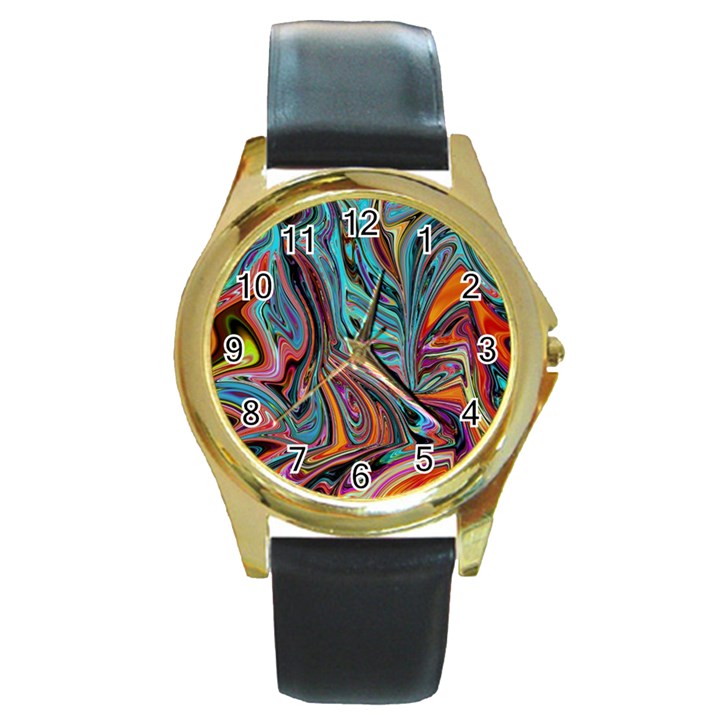 Brilliant Abstract in Blue, Orange, Purple, and Lime-Green  Round Gold Metal Watch