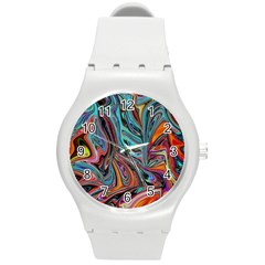 Brilliant Abstract In Blue, Orange, Purple, And Lime-green  Round Plastic Sport Watch (m) by digitaldivadesigns