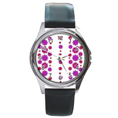 Vertical Stripes Floral Pattern Collage Round Metal Watch by dflcprints