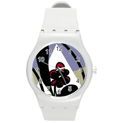 Black Flower Round Plastic Sport Watch (m) by Valentinaart