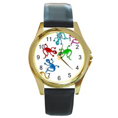 Colorful Lizards Round Gold Metal Watch by Valentinaart