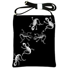 Black And White Lizards Shoulder Sling Bags by Valentinaart