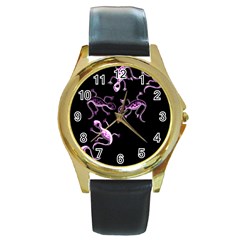 Purple Lizards Round Gold Metal Watch by Valentinaart