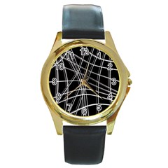 Black And White Warped Lines Round Gold Metal Watch by Valentinaart