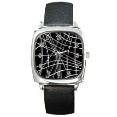 Black And White Warped Lines Square Metal Watch by Valentinaart