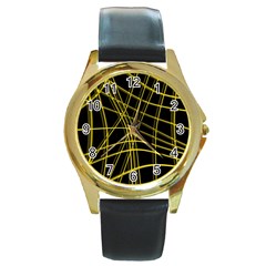 Yellow Abstract Warped Lines Round Gold Metal Watch by Valentinaart