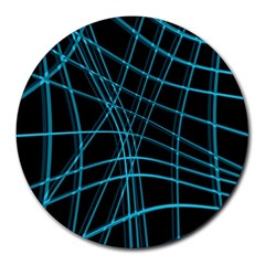 Cyan and black warped lines Round Mousepads