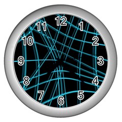 Cyan And Black Warped Lines Wall Clocks (silver)  by Valentinaart