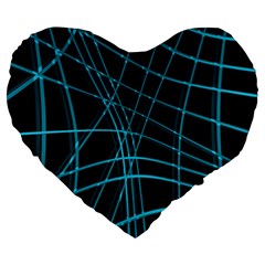 Cyan and black warped lines Large 19  Premium Flano Heart Shape Cushions