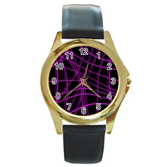 Purple And Black Warped Lines Round Gold Metal Watch by Valentinaart