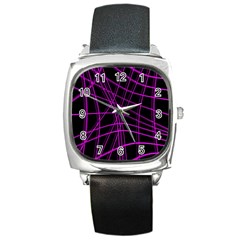 Purple And Black Warped Lines Square Metal Watch by Valentinaart