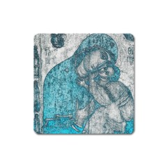 Mother Mary And Infant Jesus Christ  Blue Portrait Old Vintage Drawing Square Magnet by yoursparklingshop