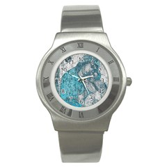 Mother Mary And Infant Jesus Christ  Blue Portrait Old Vintage Drawing Stainless Steel Watch by yoursparklingshop