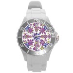 Stylized Floral Ornate Pattern Round Plastic Sport Watch (L) Front