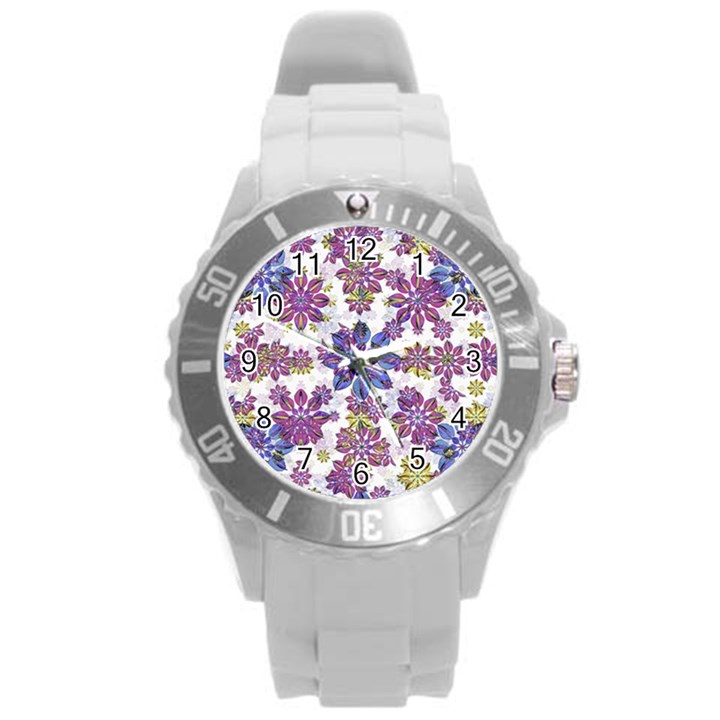 Stylized Floral Ornate Pattern Round Plastic Sport Watch (L)