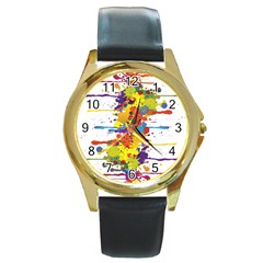 Crazy Multicolored Double Running Splashes Round Gold Metal Watch by EDDArt