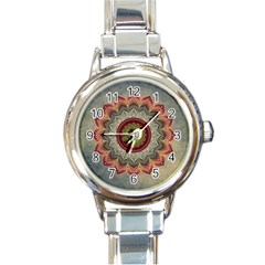 Folk Art Lotus Mandala Dirty Blue Red Round Italian Charm Watch by EDDArt