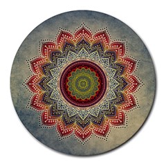 Folk Art Lotus Mandala Dirty Blue Red Round Mousepads by EDDArt